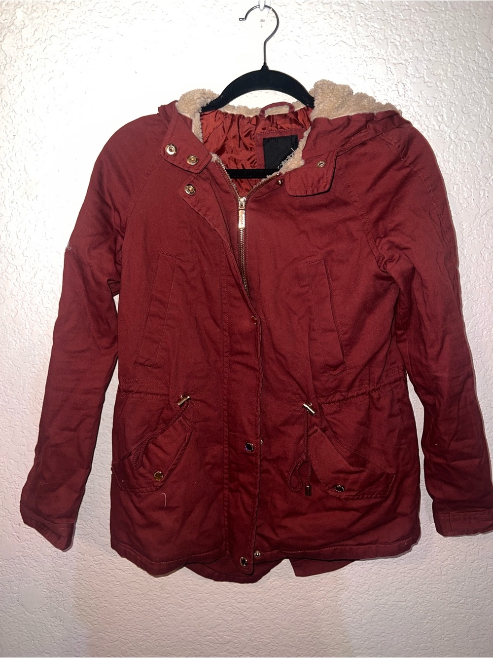 Collection B Mid 2000s Burgundy Hooded Utility Jacket with Faux Shearling Trim